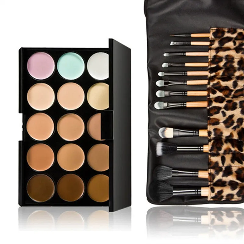 15 Colors Contour Face Cream Makeup Concealer Palette with 12pcs Leopard Brushes