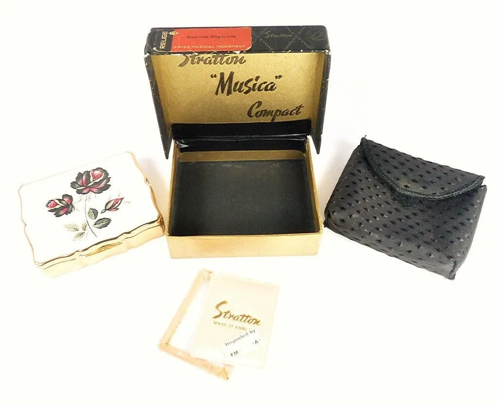 1950s Stratton Musica Music Box Plays Swedish Rhapsody Very Well Red Black Rose Design