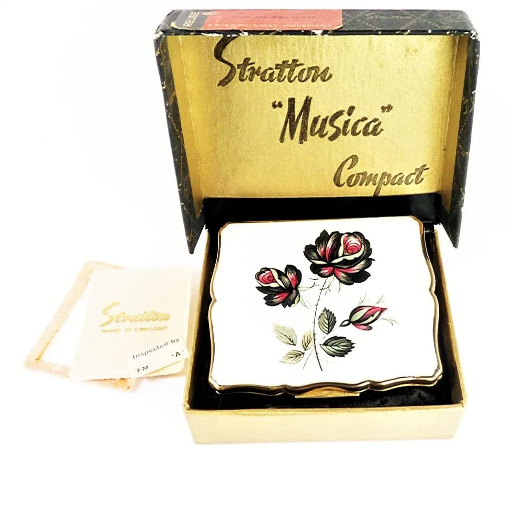 1950s Stratton Musica Music Box Plays Swedish Rhapsody Very Well Red Black Rose Design