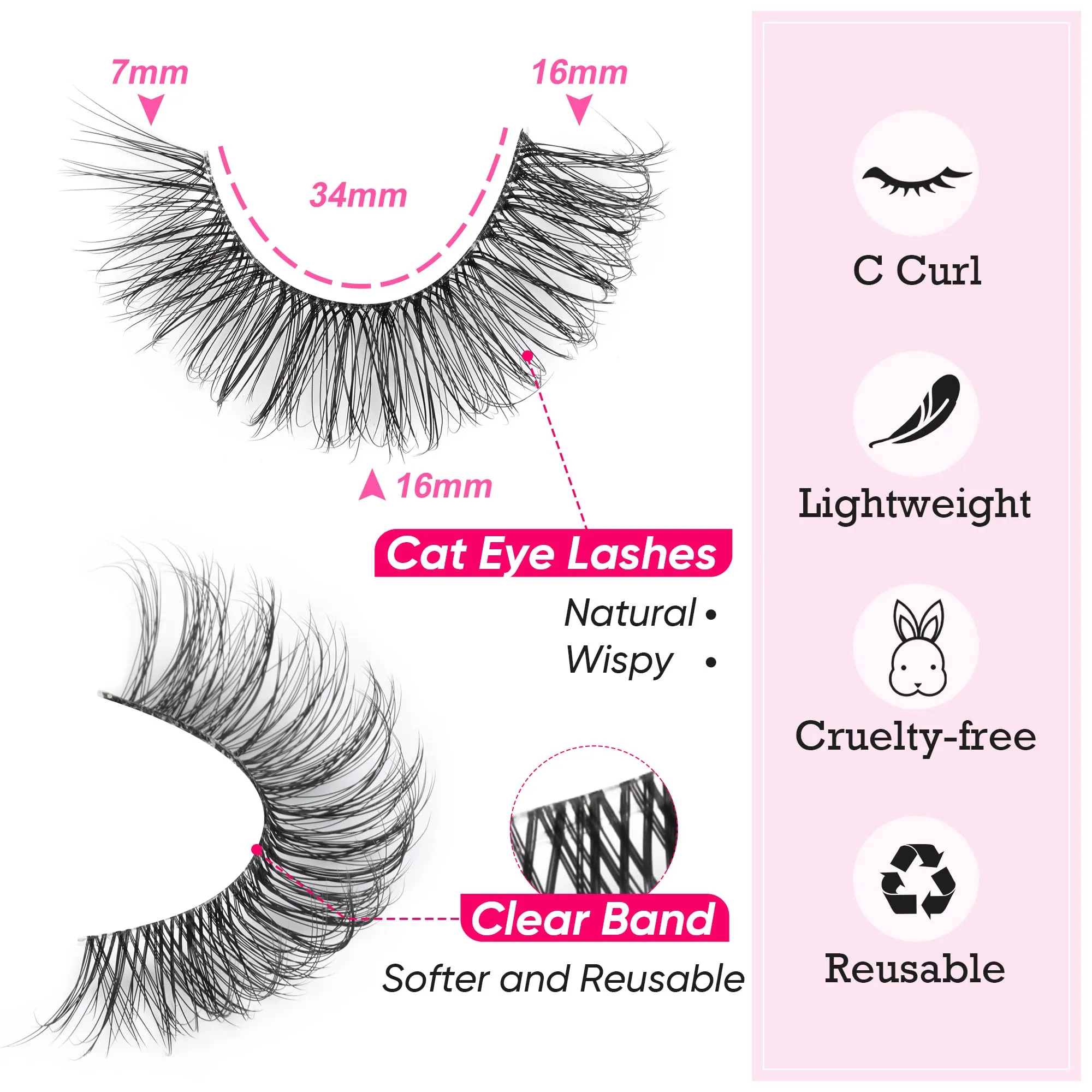 3D False Eyelashes Natural Look Lashes Cat Eye Lashes with Clear Band Fluffy Wispy Faux Mink Eyelashes 16mm Strip Lashes by Focipeysa
