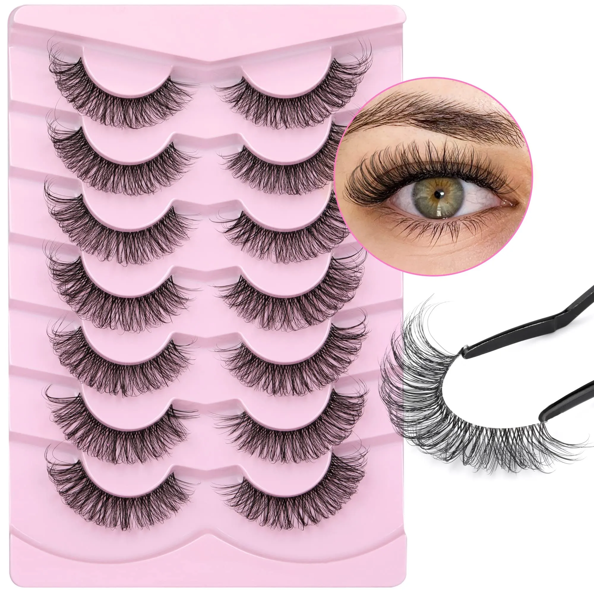 3D False Eyelashes Natural Look Lashes Cat Eye Lashes with Clear Band Fluffy Wispy Faux Mink Eyelashes 16mm Strip Lashes by Focipeysa