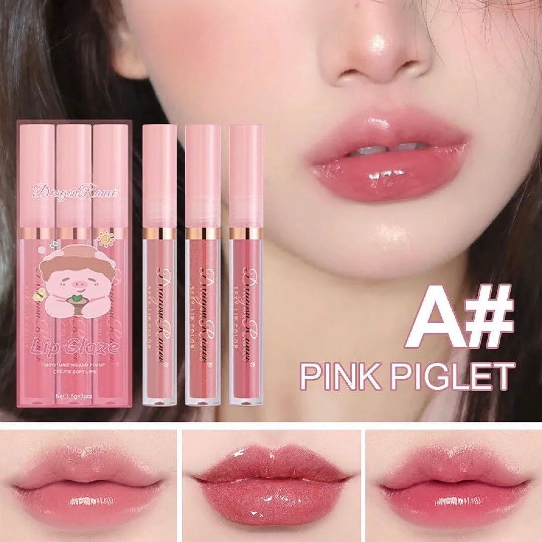 3pcs Dragon Ranee Cartoon Mirror Lip Gloss Hydrating & Moisturizing