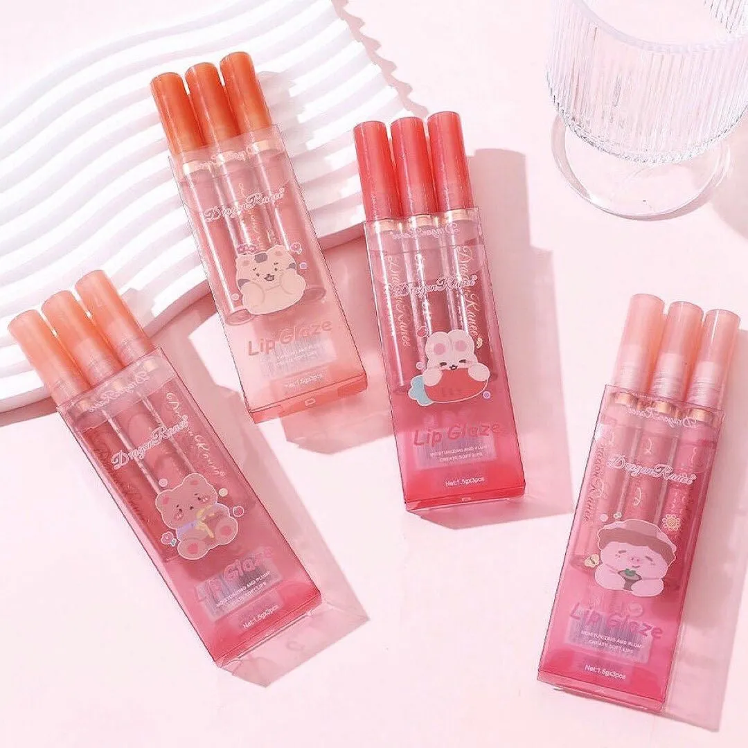 3pcs Dragon Ranee Cartoon Mirror Lip Gloss Hydrating & Moisturizing