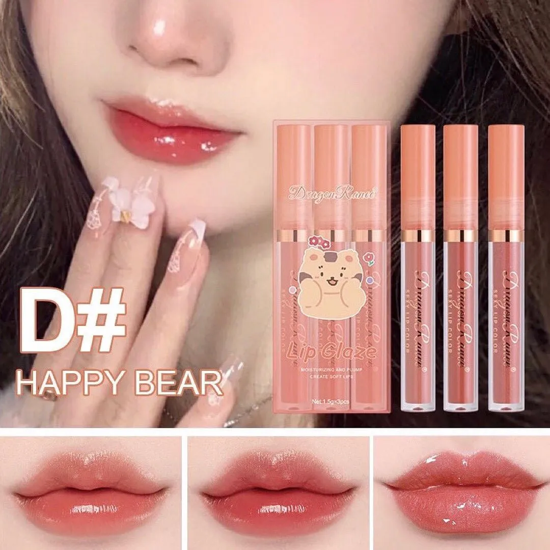 3pcs Dragon Ranee Cartoon Mirror Lip Gloss Hydrating & Moisturizing