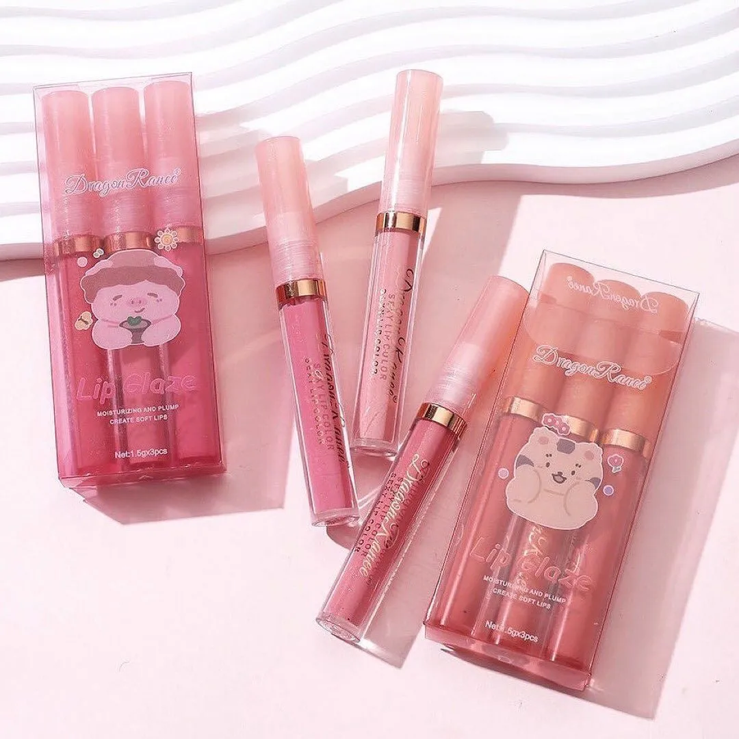 3pcs Dragon Ranee Cartoon Mirror Lip Gloss Hydrating & Moisturizing