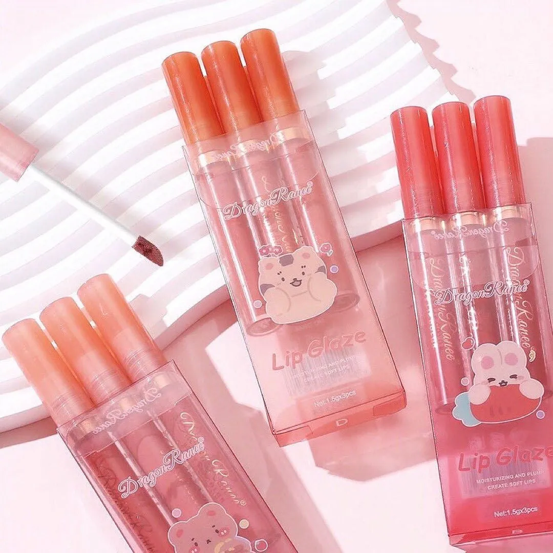 3pcs Dragon Ranee Cartoon Mirror Lip Gloss Hydrating & Moisturizing