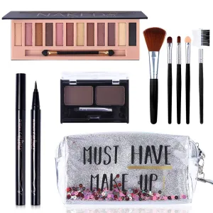 All in One Makeup Gift Set -12 Colors Eyeshadow Palette   Waterproof Black Eyeliner Pencil   Duo Pressed Eyebrow Powder Kit   5 Brushes and Quicksand Silver Cosmetic Bag