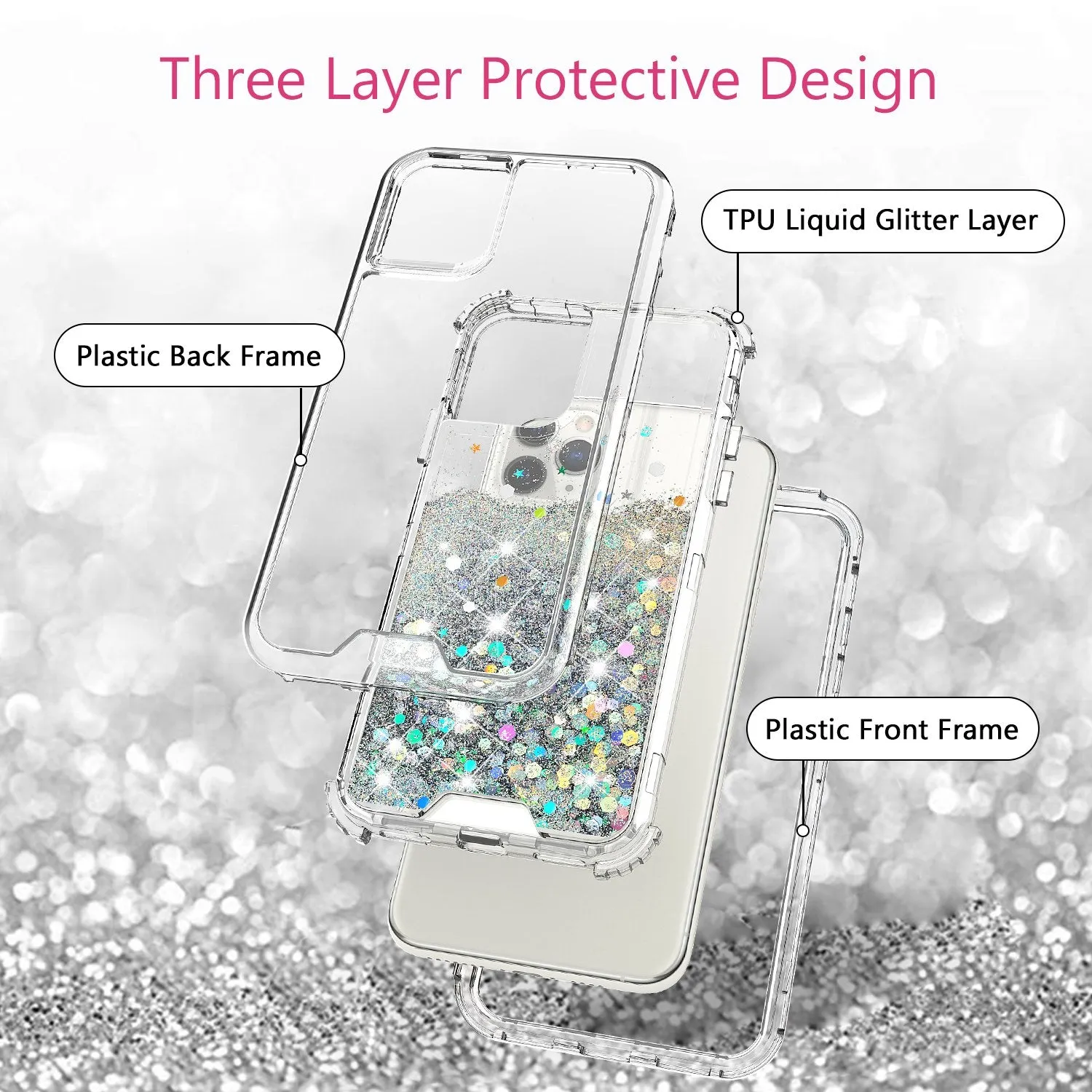 Apple iPhone 11 Pro Case,Hard Clear Glitter Sparkle Flowing Liquid Heavy Duty Shockproof Three Layer Protective Bling Girls Women Cases for Apple iPhone 11 Pro - Clear