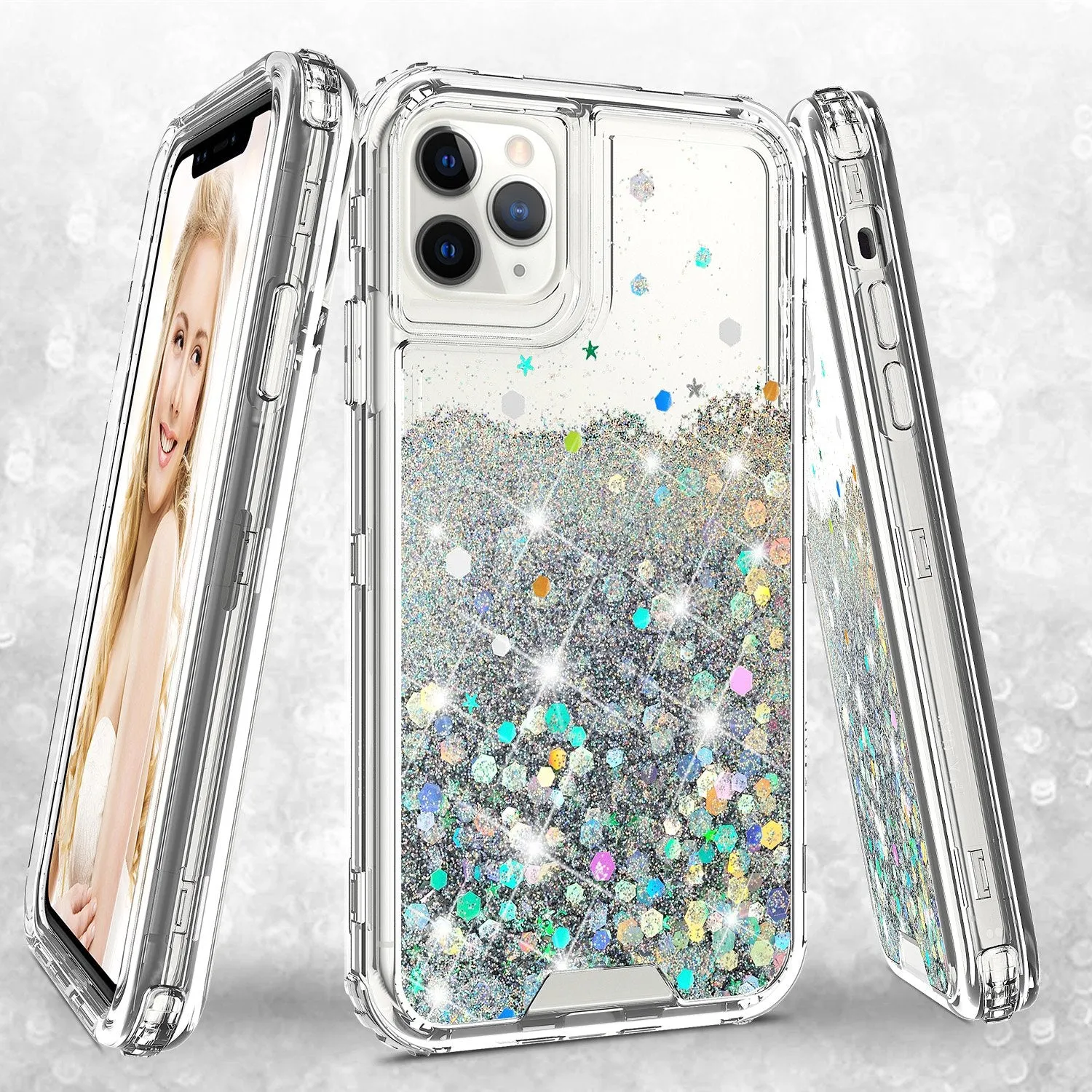 Apple iPhone 12 Case,Hard Clear Glitter Sparkle Flowing Liquid Heavy Duty Shockproof Three Layer Protective Bling Girls Women Cases for Apple iPhone 12 - Clear