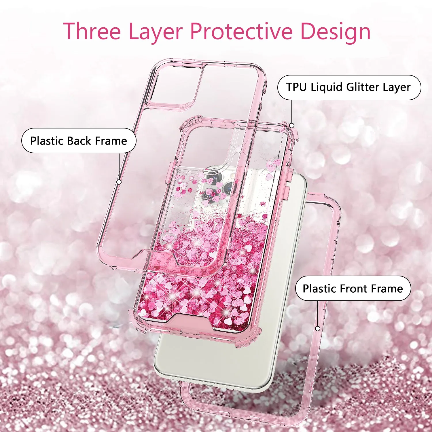Apple iPhone 12 Case,Hard Clear Glitter Sparkle Flowing Liquid Heavy Duty Shockproof Three Layer Protective Bling Girls Women Cases for Apple iPhone 12 - Pink