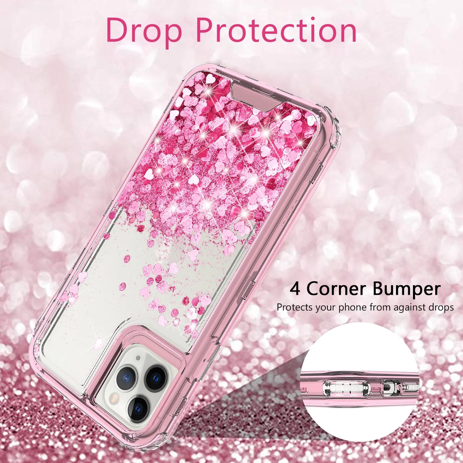 Apple iPhone 12 Case,Hard Clear Glitter Sparkle Flowing Liquid Heavy Duty Shockproof Three Layer Protective Bling Girls Women Cases for Apple iPhone 12 - Pink