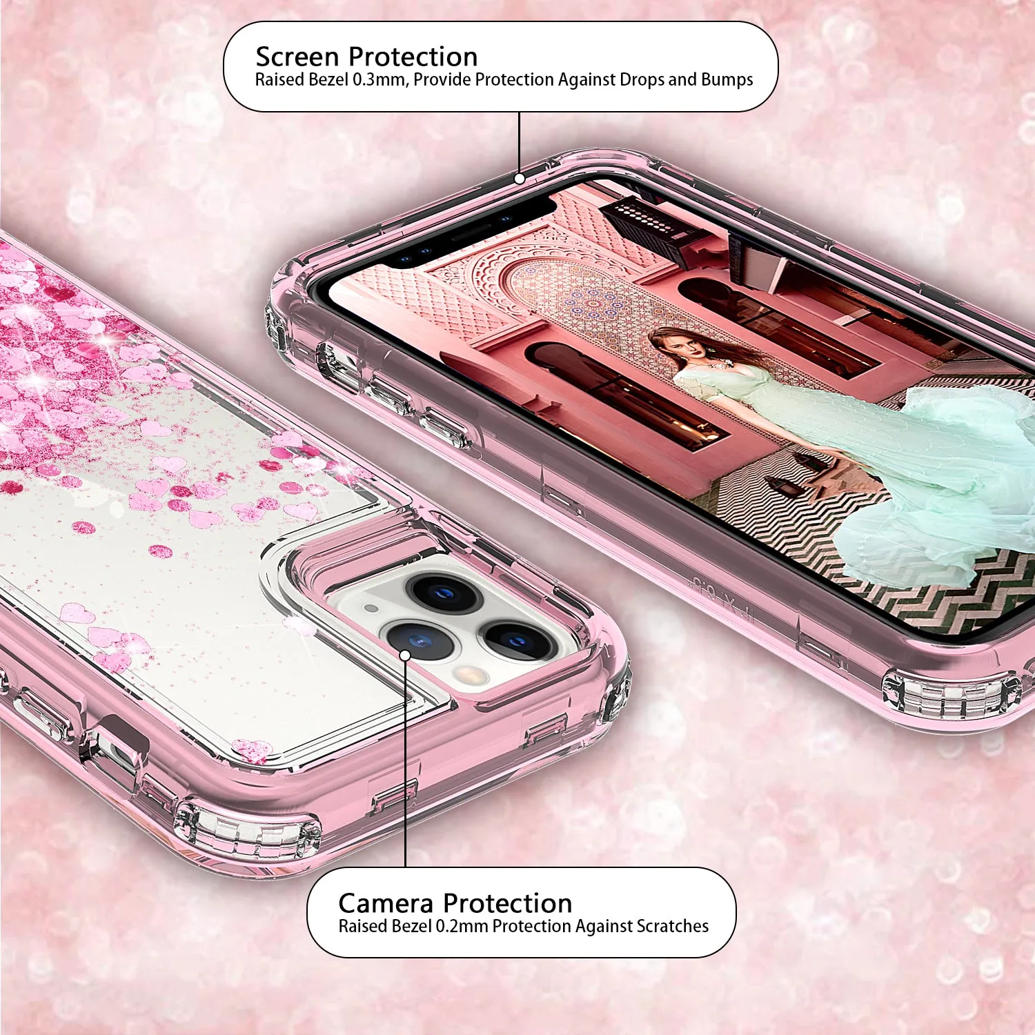 Apple iPhone 12 Case,Hard Clear Glitter Sparkle Flowing Liquid Heavy Duty Shockproof Three Layer Protective Bling Girls Women Cases for Apple iPhone 12 - Pink