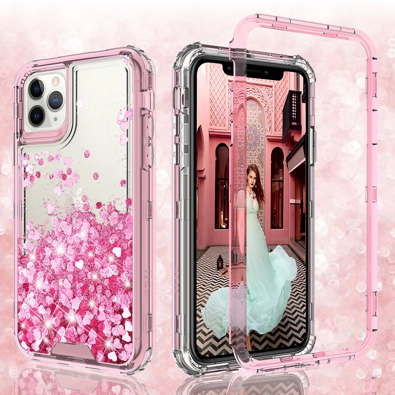 Apple iPhone 12 Case,Hard Clear Glitter Sparkle Flowing Liquid Heavy Duty Shockproof Three Layer Protective Bling Girls Women Cases for Apple iPhone 12 - Pink