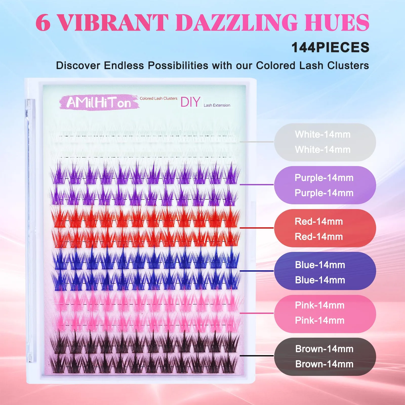 Colored Lash Clusters Individual, AMilHiTon 144Pcs Faux Mink | 14mm D Curl 6 Colored Natural Wispy Eye Lashes for Halloween Cosplay Art Party at Home DIY Eyelash Extension(8231 Mixed)