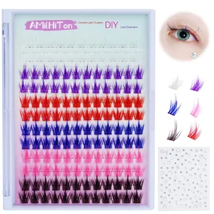 Colored Lash Clusters Individual, AMilHiTon 144Pcs Faux Mink | 14mm D Curl 6 Colored Natural Wispy Eye Lashes for Halloween Cosplay Art Party at Home DIY Eyelash Extension(8231 Mixed)