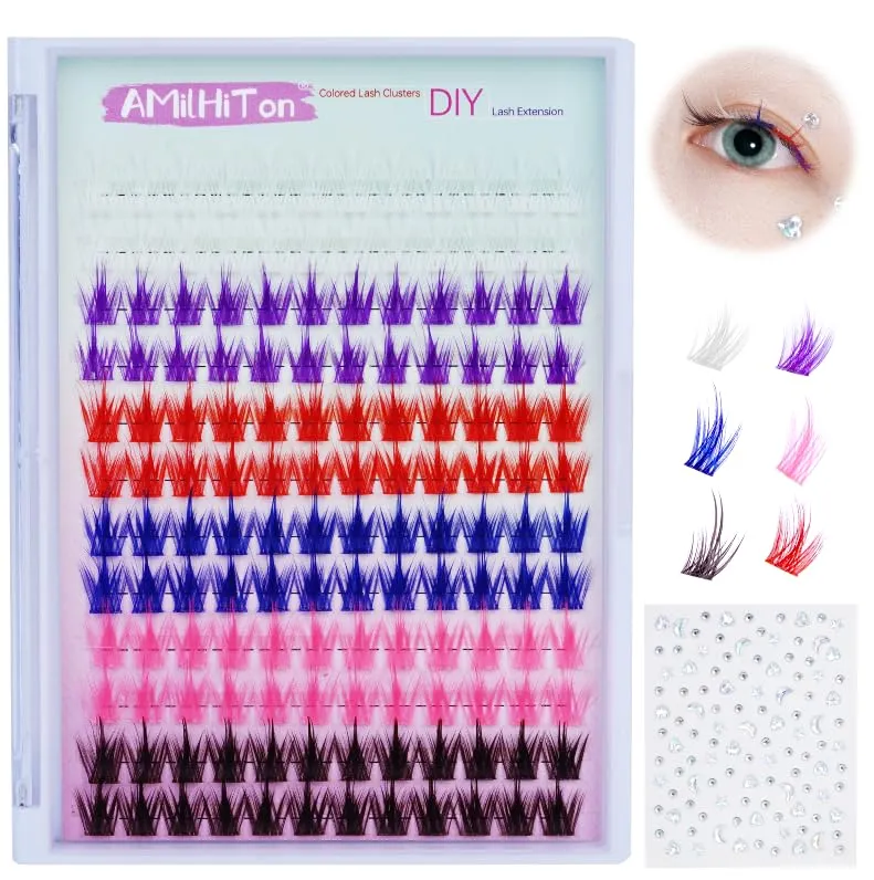 Colored Lash Clusters Individual, AMilHiTon 144Pcs Faux Mink | 14mm D Curl 6 Colored Natural Wispy Eye Lashes for Halloween Cosplay Art Party at Home DIY Eyelash Extension(8231 Mixed)