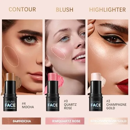 Contour Stick, Highlighter Stick, Blush Stick 3Pcs Cream Contour Kit with Contour Brush, Create Face Contour, Non-greasy, Waterproof Long-lasting Effect, Highlighter Makeup Stick for Beginner Medium
