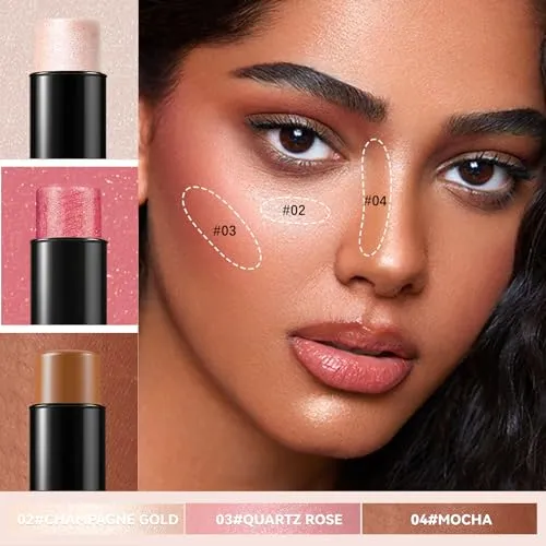 Contour Stick, Highlighter Stick, Blush Stick 3Pcs Cream Contour Kit with Contour Brush, Create Face Contour, Non-greasy, Waterproof Long-lasting Effect, Highlighter Makeup Stick for Beginner Medium