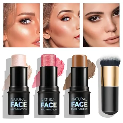 Contour Stick, Highlighter Stick, Blush Stick 3Pcs Cream Contour Kit with Contour Brush, Create Face Contour, Non-greasy, Waterproof Long-lasting Effect, Highlighter Makeup Stick for Beginner Medium