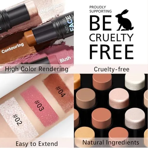 Contour Stick, Highlighter Stick, Blush Stick 3Pcs Cream Contour Kit with Contour Brush, Create Face Contour, Non-greasy, Waterproof Long-lasting Effect, Highlighter Makeup Stick for Beginner Medium