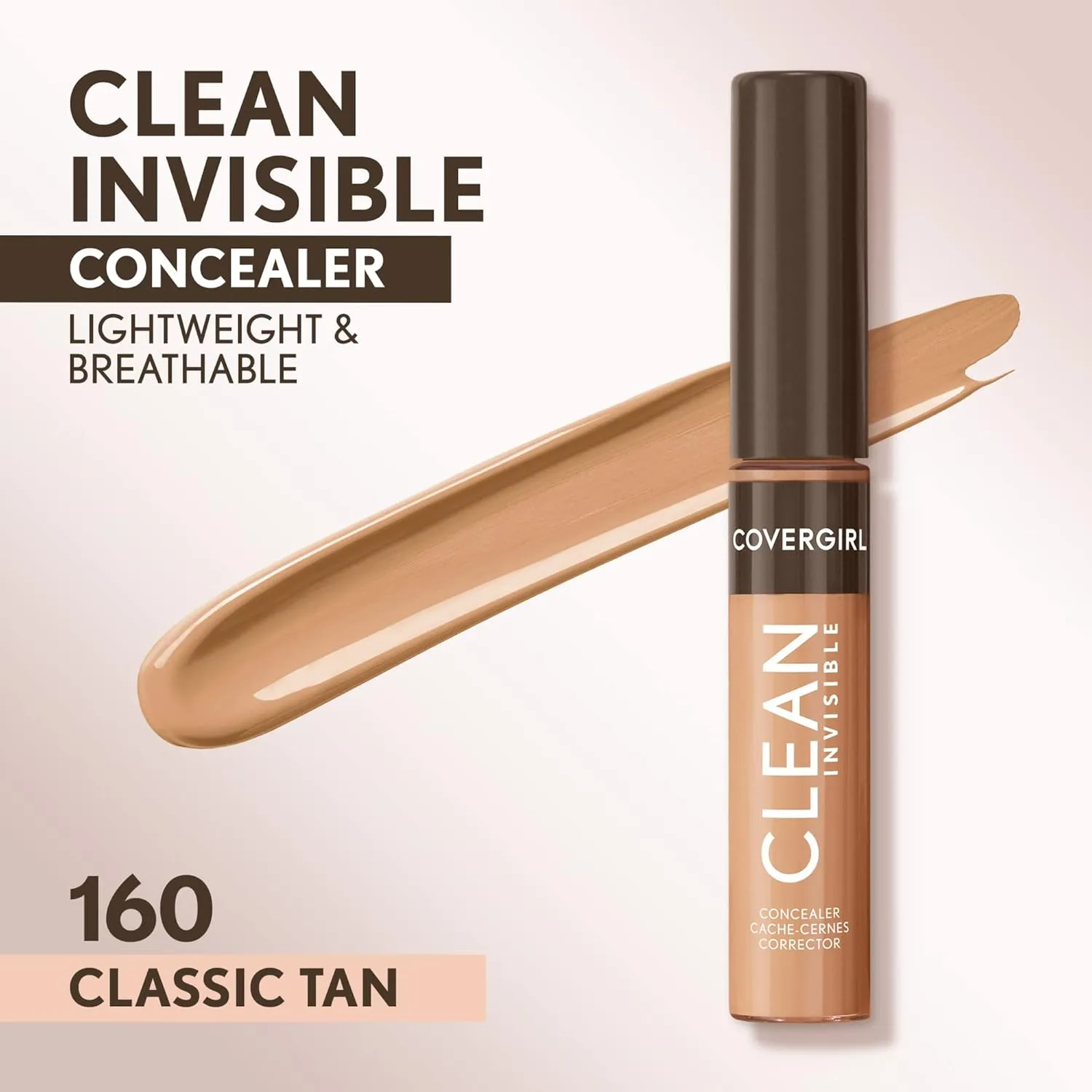 Covergirl Clean Invisible Concealer, Lightweight, Hydrating, Vegan Formula, Classic Tan 160, 0.23oz
