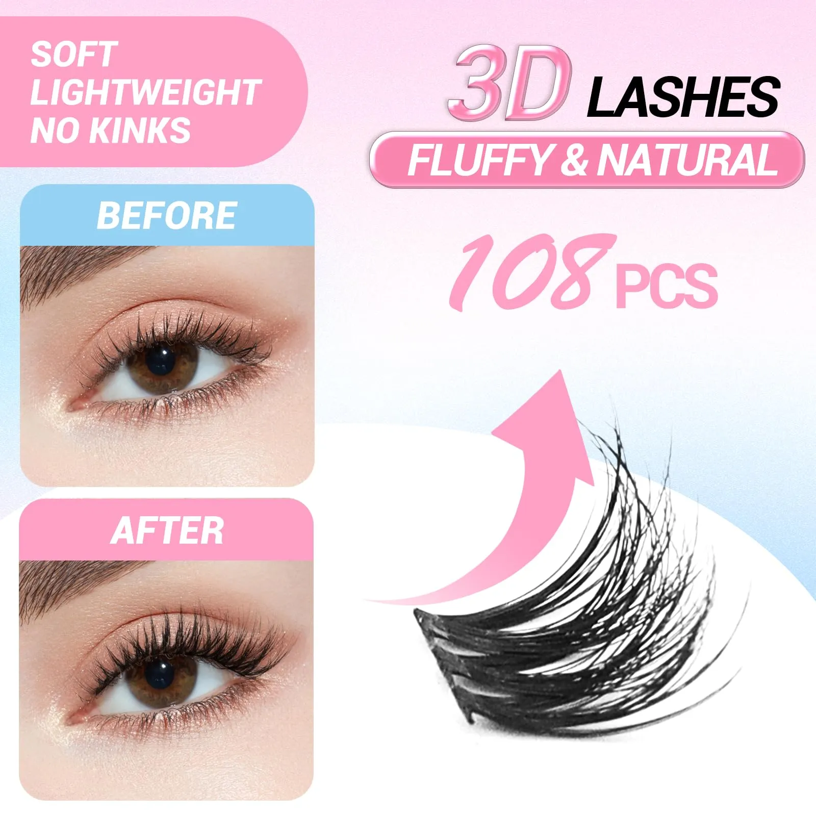 DIY Lash Extension Kits: 3D Eyelash Cluster 108pcs Individual Mix 8-16mm, C Curl Wispy Lash Clusters with 10ml Bond and Seal Waterproof, 5ml Lash Remover, Lash Tweezers lash Cluster Kit at Home.