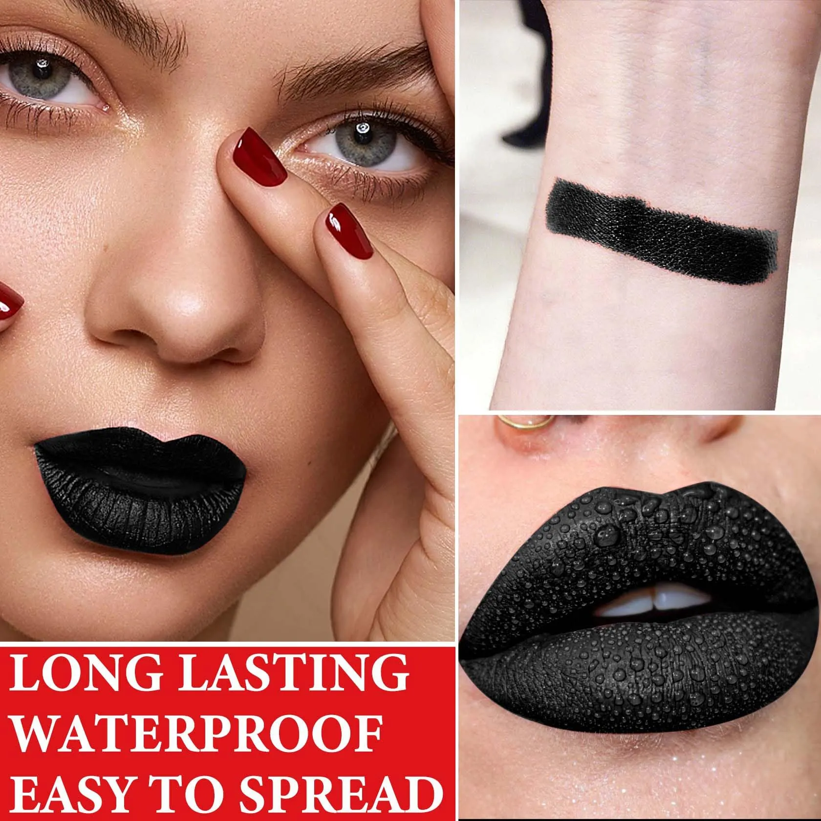 DuoZeng Matte Black Lipstick for Women,Matte Liquid Lip Gloss Long Lasting Waterproof Lip Gloss Lip Makeup Set,Non-stick Cup Non-Fading Matte Liquid Lipstick Halloween Lip Tint Lipgloss Makeup Set