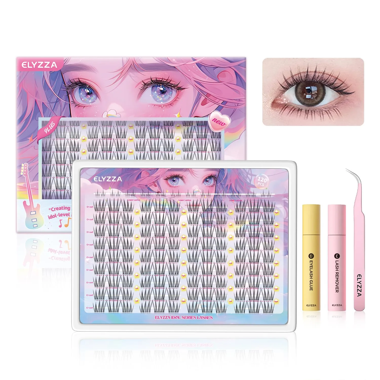 ELYZZA Idol Lash Extension Kit 10-12mm Cluster Lashes C  Curl Natural Look Eyelash Clusters With Bottom Lashes Faux Lash Clusters Extensions With Tweezers & Glue For DIY Individual Lashes at Home