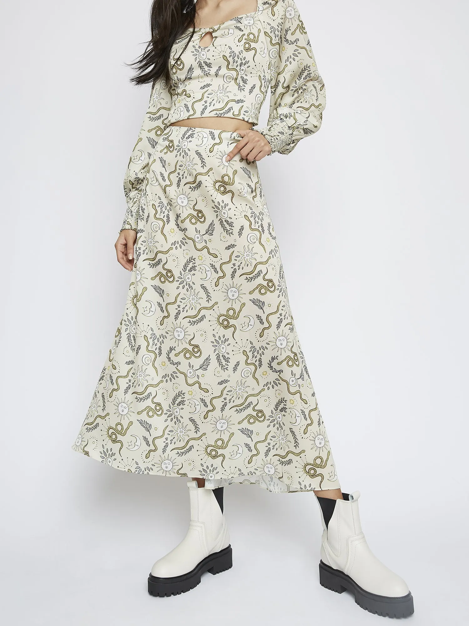Glamorous Stone Sun and Moon Print Midi Skirt