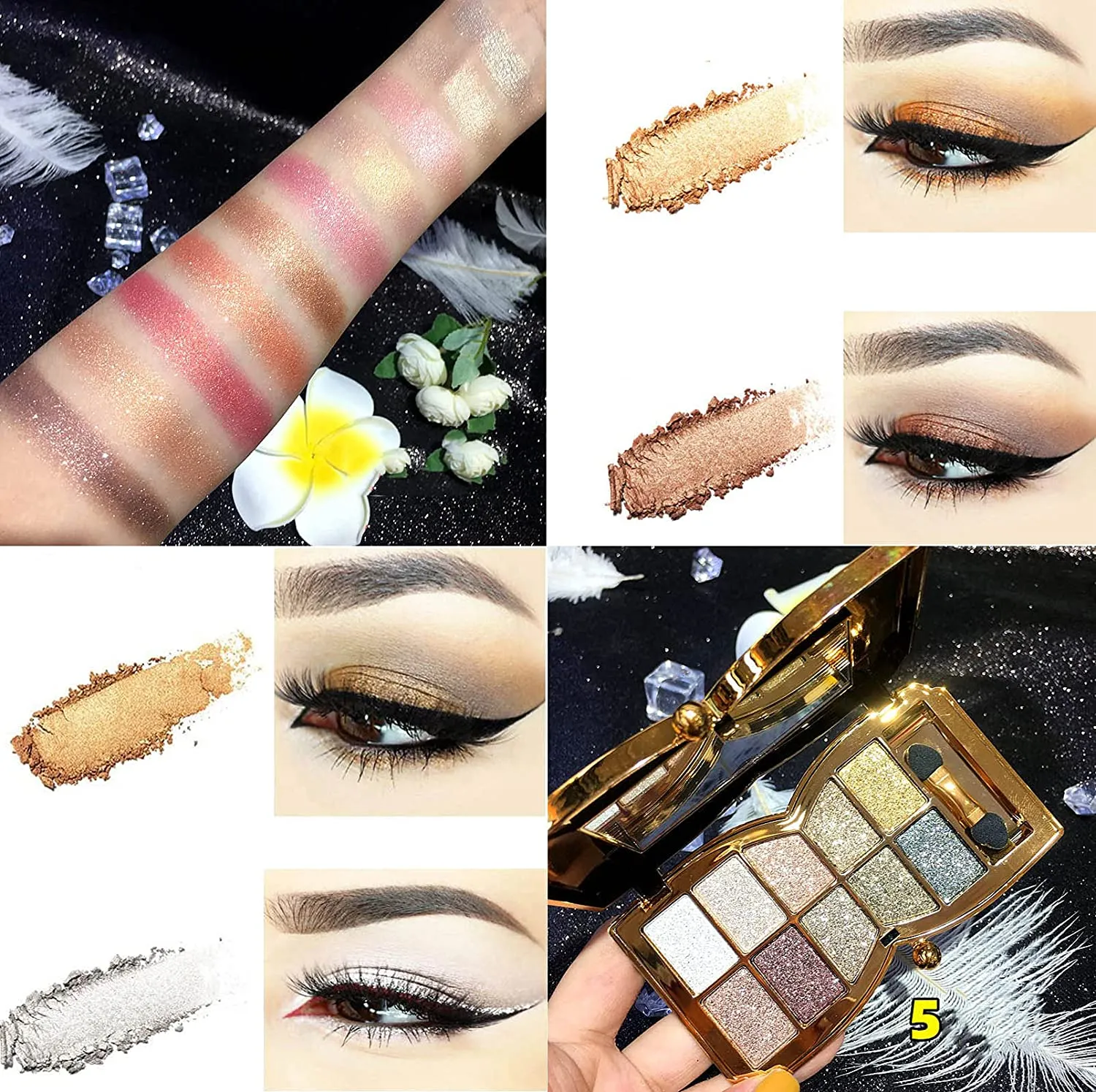 Glitter Eyeshadow Palette,10 Colors Sparkle Shimmer Eye Shadow Highly Pigmented Long Lasting Makeup Set Gold