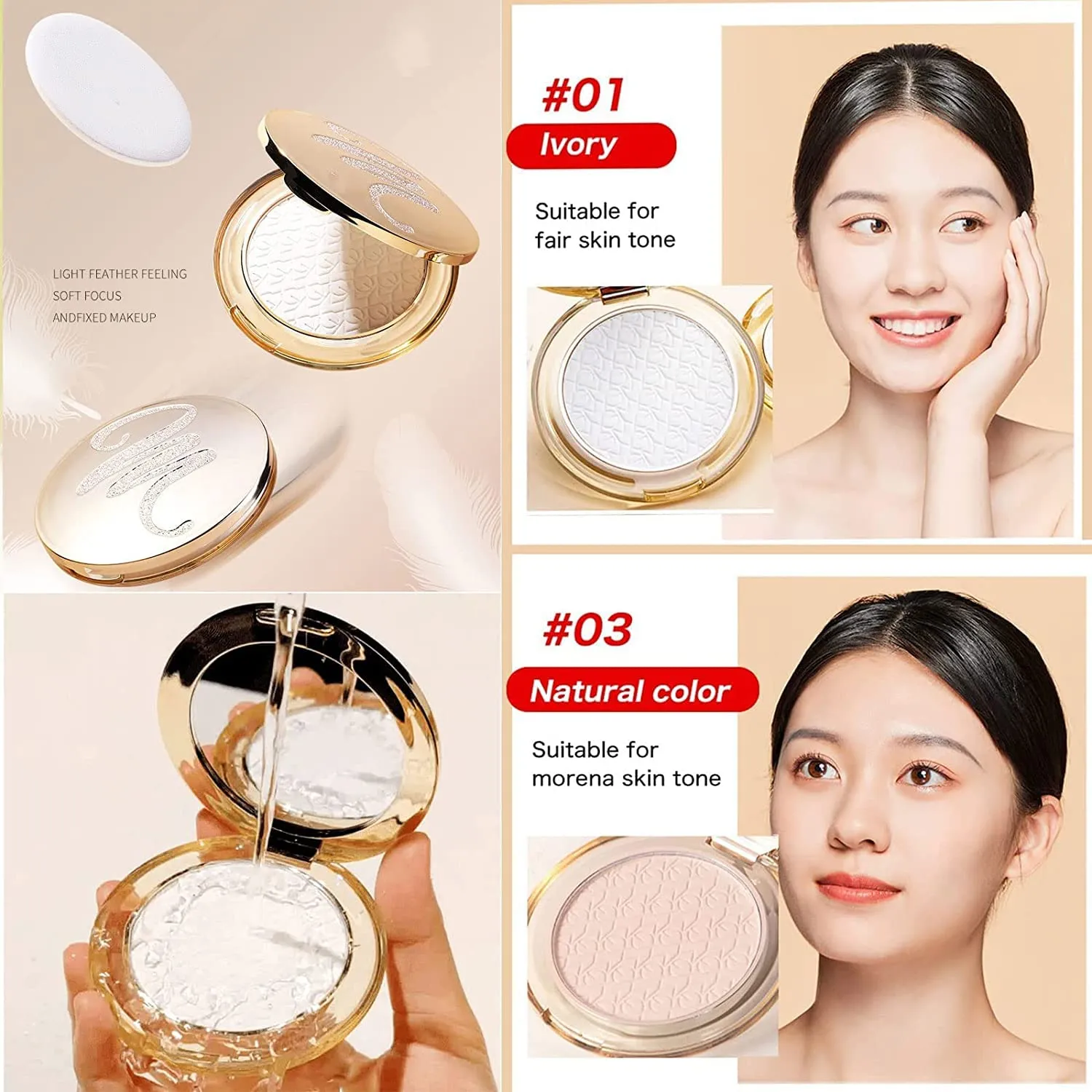 Golden Face Powder, [M] Golden Face Powder, Oil Control Face Pressed Powder Makeup Foundation Powder Matte Smooth Setting Silk Soft Mist Powder Cake Long-Lasting Waterproof (#03 Natural)