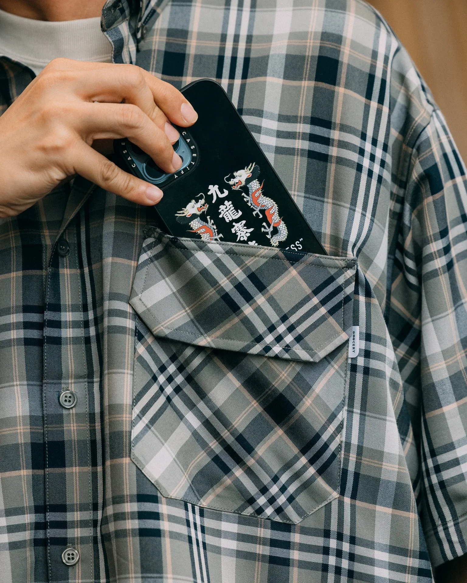 GROCERY ST-018 SHORT SLEEVE CHECK SHIRT/ GREEN & GREY