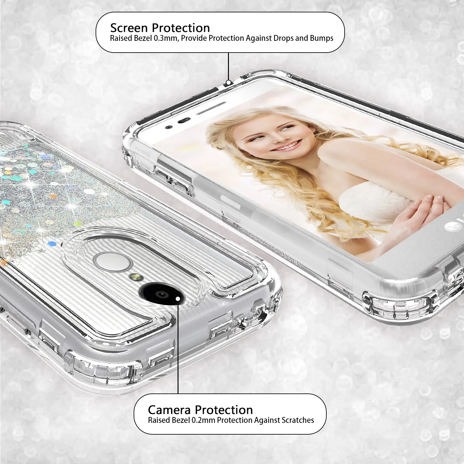 LG Aristo 2 Plus Case, Aristo 2, LG Tribute Dynasty, Rebel 3, Zone 4, LV3 2018 Case,Hard Clear Glitter Sparkle Flowing Liquid Heavy Duty Shockproof Three Layer Protective Bling Girls Women Cases for LG Aristo 2 - Clear