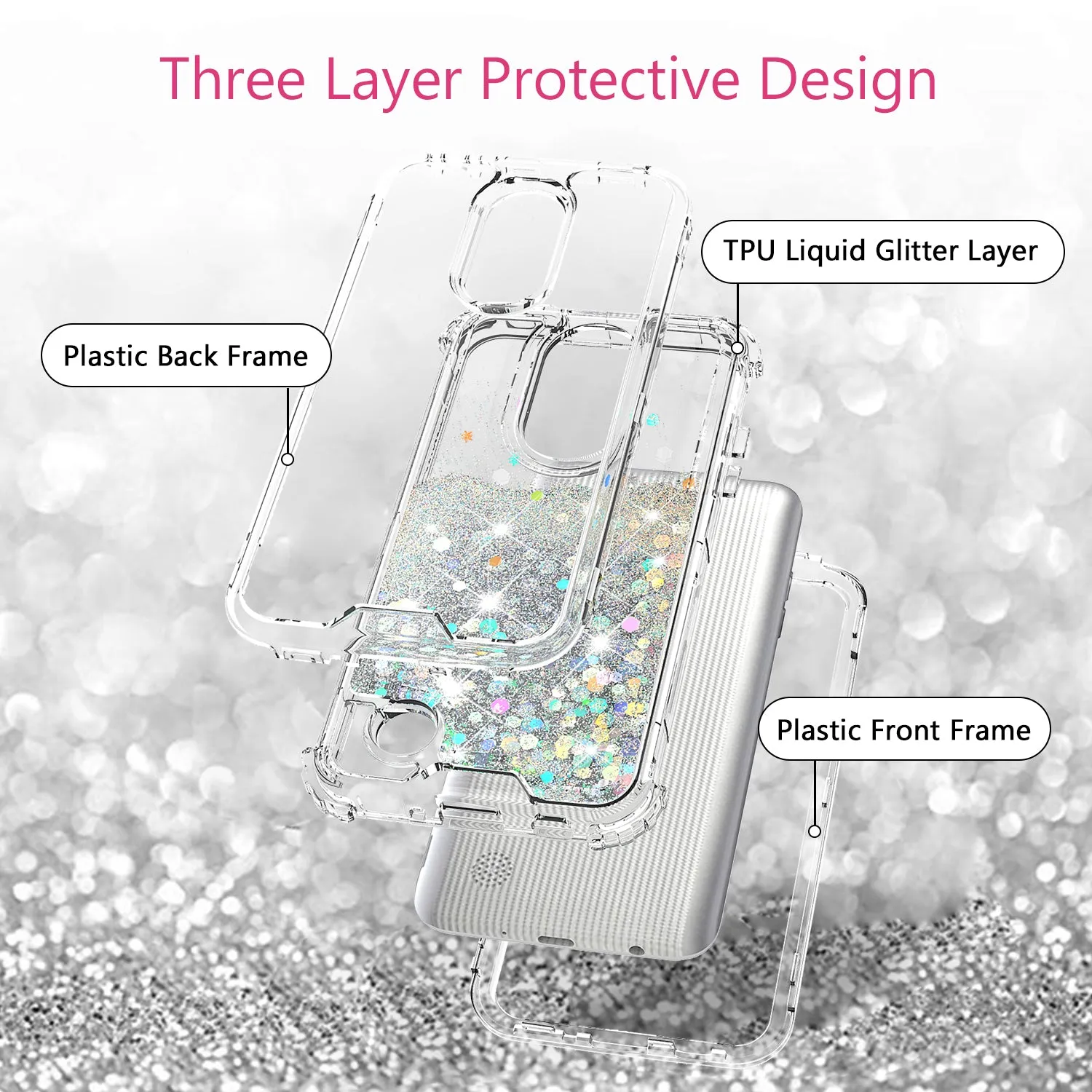 LG Aristo 3 | Aristo 3 Plus | Tribute Empire | K8S | K8 Plus | Rebel 4 | Zone 4 | Phoenix 4 Case, Hard Clear Glitter Sparkle Liquid Heavy Duty Shockproof Triple Layer Protective Bling Girls Women Case Cover - Clear