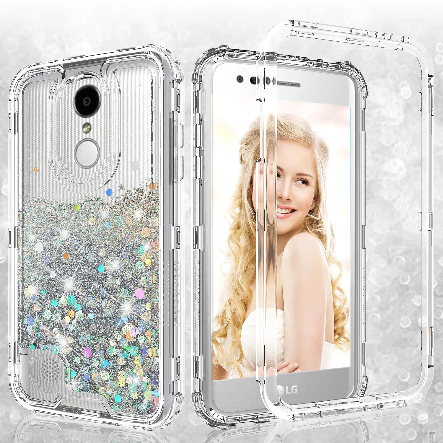 LG Aristo 3 | Aristo 3 Plus | Tribute Empire | K8S | K8 Plus | Rebel 4 | Zone 4 | Phoenix 4 Case, Hard Clear Glitter Sparkle Liquid Heavy Duty Shockproof Triple Layer Protective Bling Girls Women Case Cover - Clear