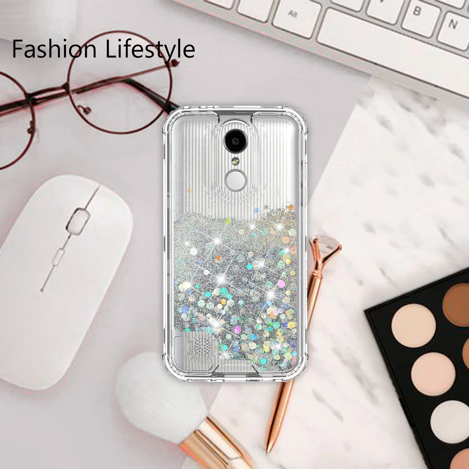 LG Aristo 3 | Aristo 3 Plus | Tribute Empire | K8S | K8 Plus | Rebel 4 | Zone 4 | Phoenix 4 Case, Hard Clear Glitter Sparkle Liquid Heavy Duty Shockproof Triple Layer Protective Bling Girls Women Case Cover - Clear
