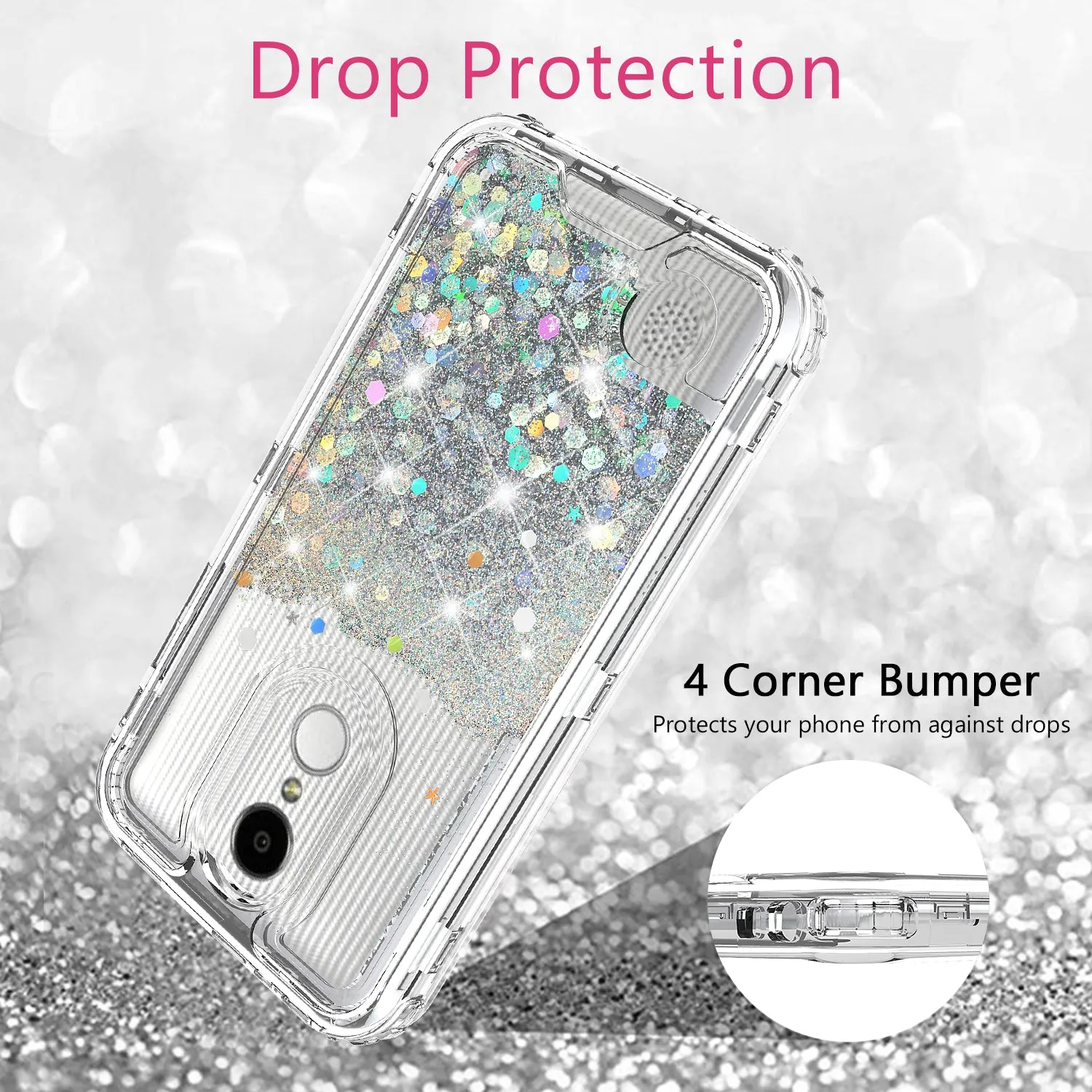 LG Aristo 3 | Aristo 3 Plus | Tribute Empire | K8S | K8 Plus | Rebel 4 | Zone 4 | Phoenix 4 Case, Hard Clear Glitter Sparkle Liquid Heavy Duty Shockproof Triple Layer Protective Bling Girls Women Case Cover - Clear
