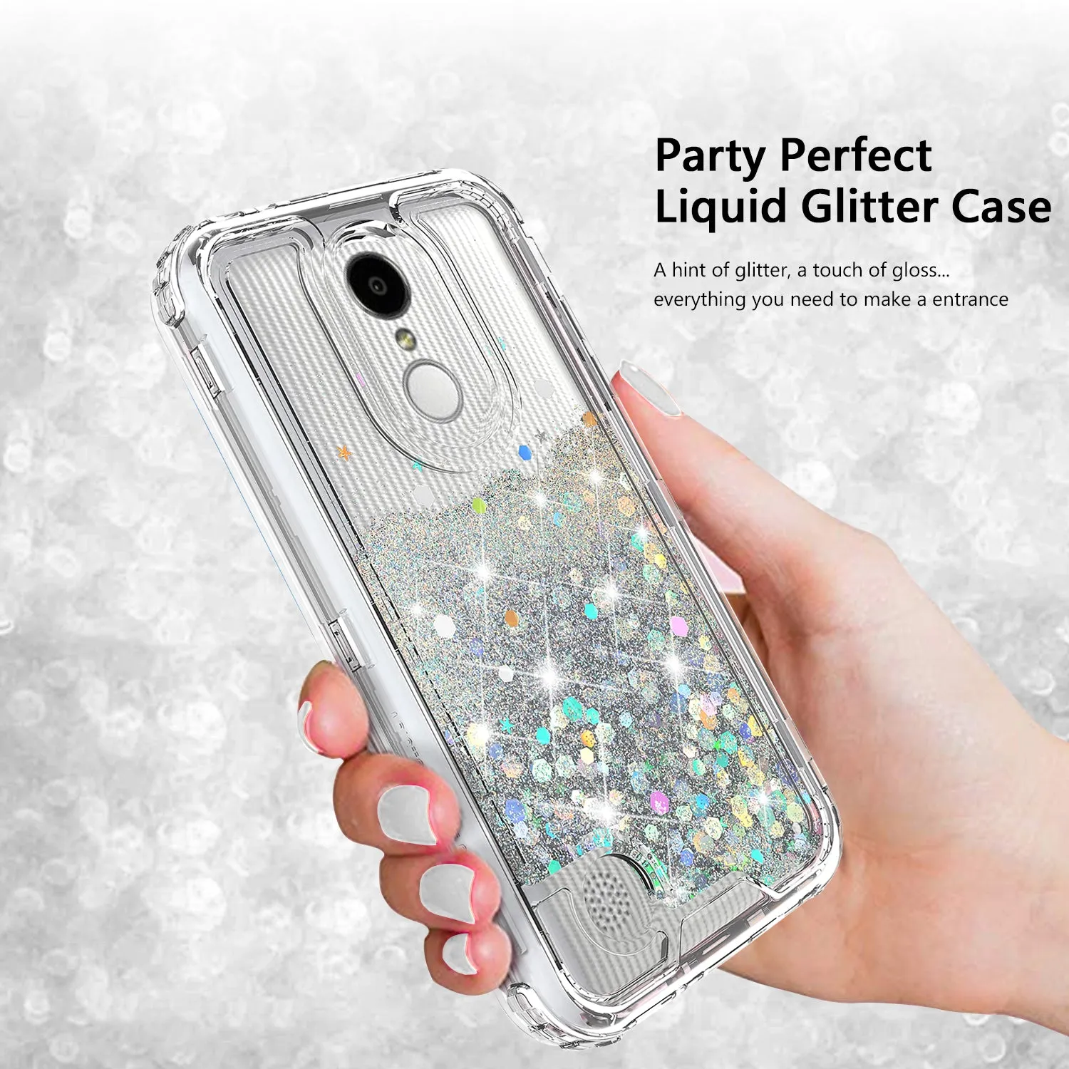 LG Aristo 3 | Aristo 3 Plus | Tribute Empire | K8S | K8 Plus | Rebel 4 | Zone 4 | Phoenix 4 Case, Hard Clear Glitter Sparkle Liquid Heavy Duty Shockproof Triple Layer Protective Bling Girls Women Case Cover - Clear