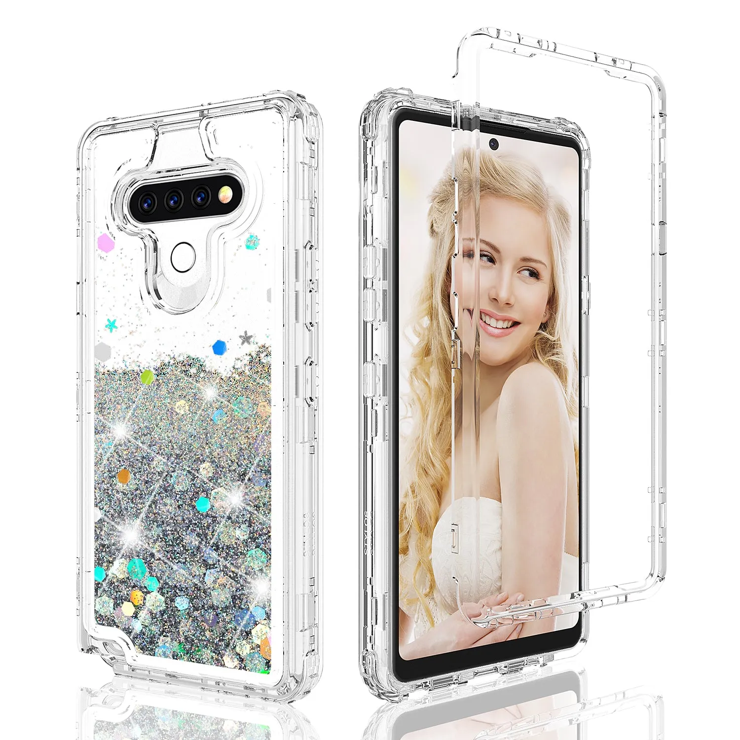 LG K51 Case,Hard Clear Glitter Sparkle Flowing Liquid Heavy Duty Shockproof Three Layer Protective Bling Girls Women Cases for LG K51 - Clear