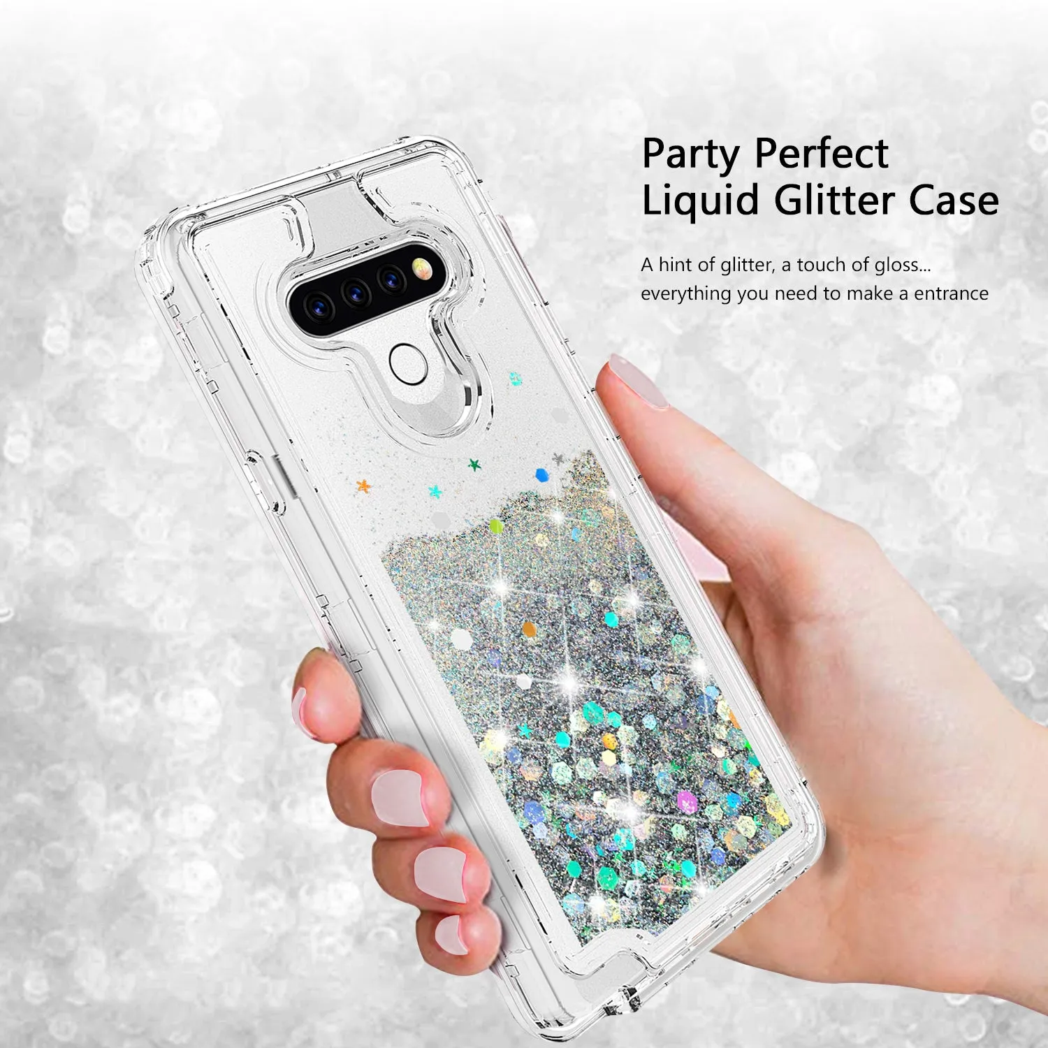 LG K51 Case,Hard Clear Glitter Sparkle Flowing Liquid Heavy Duty Shockproof Three Layer Protective Bling Girls Women Cases for LG K51 - Clear