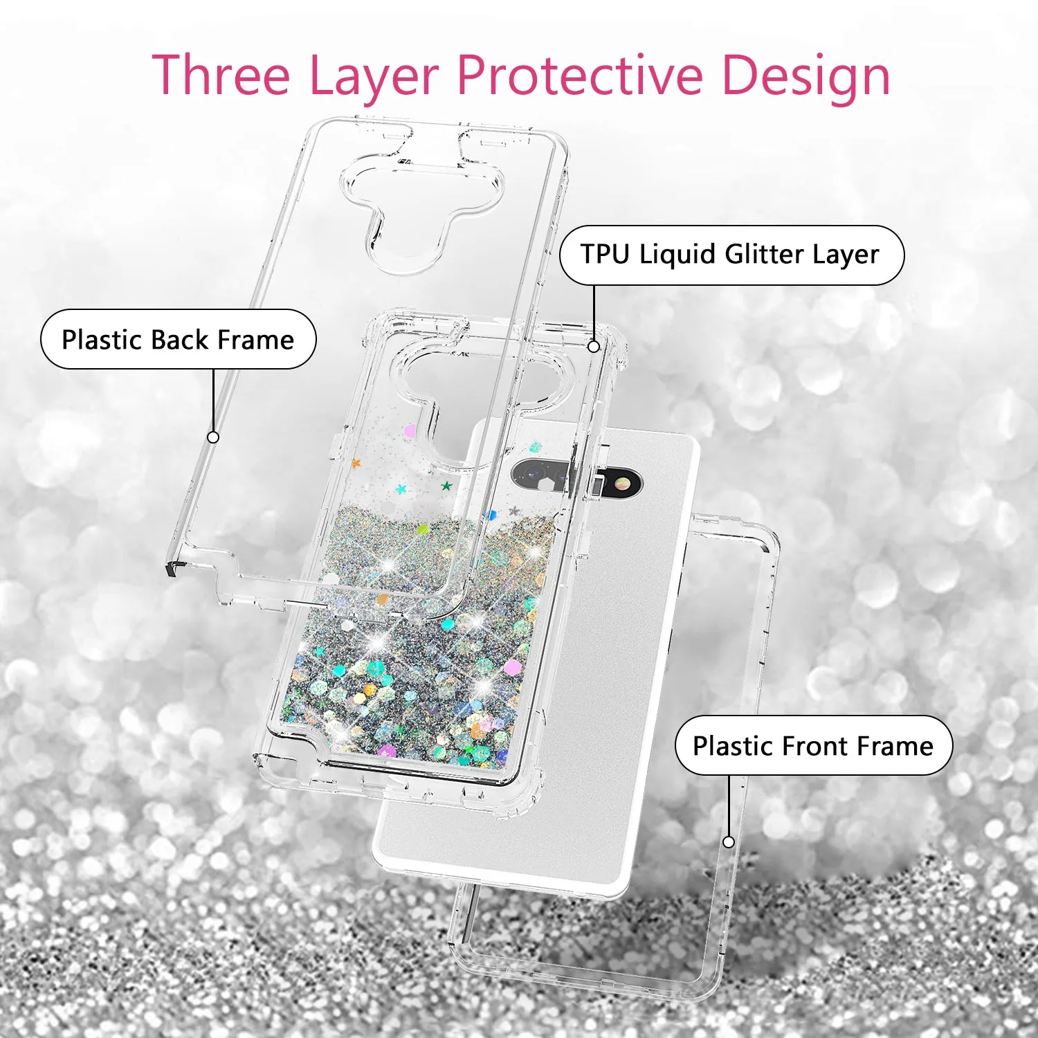 LG K51 Case,Hard Clear Glitter Sparkle Flowing Liquid Heavy Duty Shockproof Three Layer Protective Bling Girls Women Cases for LG K51 - Clear