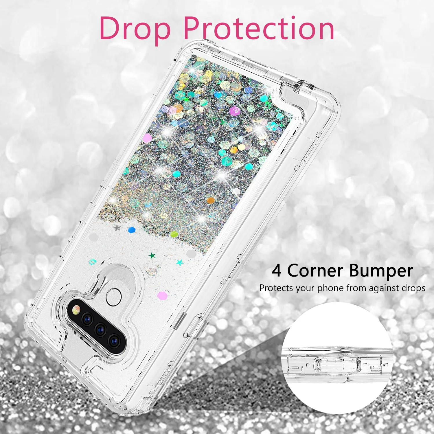 LG K51 Case,Hard Clear Glitter Sparkle Flowing Liquid Heavy Duty Shockproof Three Layer Protective Bling Girls Women Cases for LG K51 - Clear