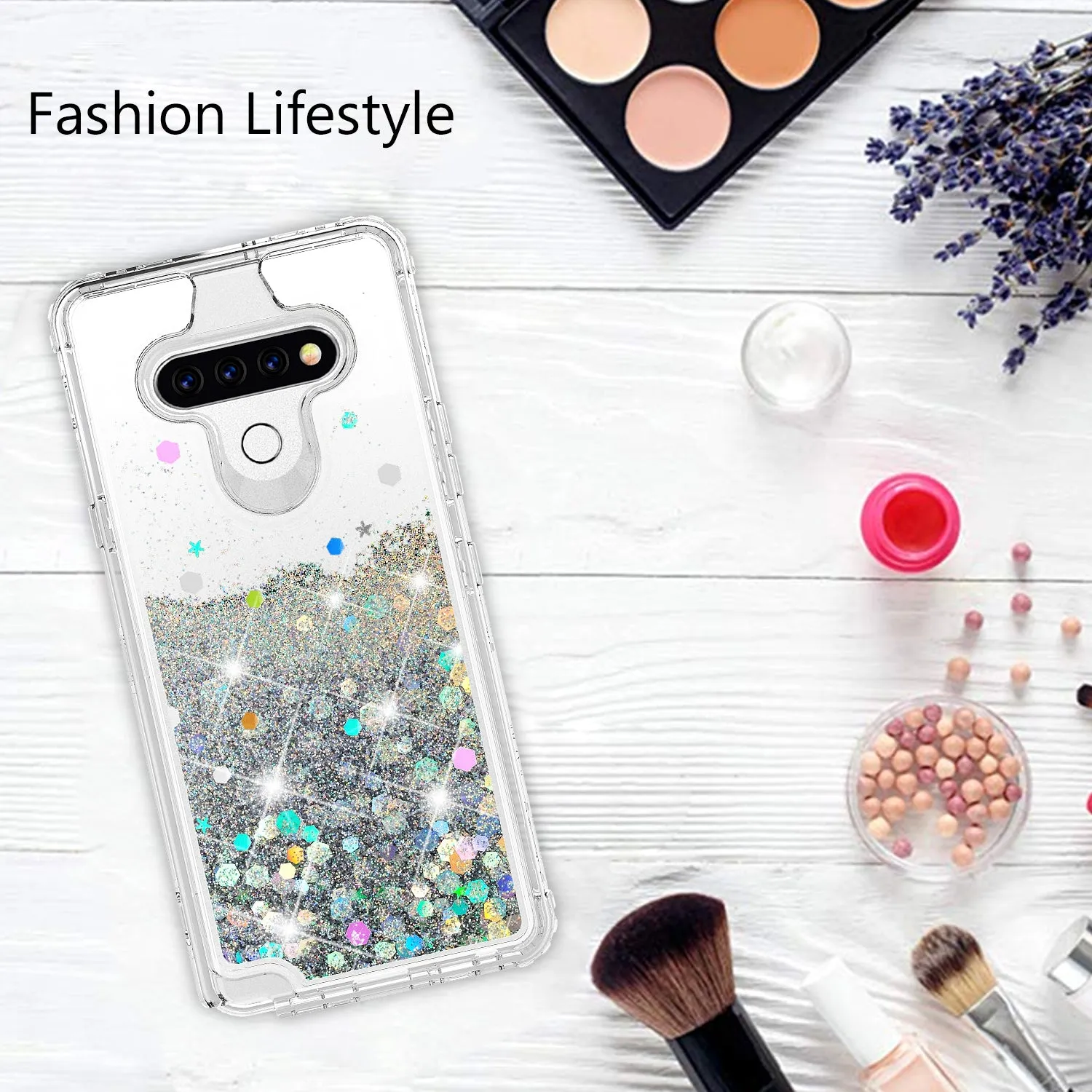 LG K51 Case,Hard Clear Glitter Sparkle Flowing Liquid Heavy Duty Shockproof Three Layer Protective Bling Girls Women Cases for LG K51 - Clear