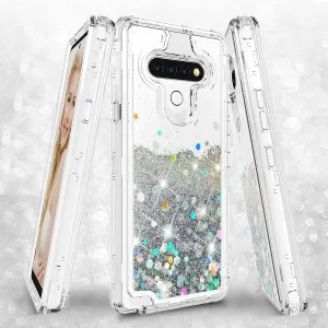 LG K51 Case,Hard Clear Glitter Sparkle Flowing Liquid Heavy Duty Shockproof Three Layer Protective Bling Girls Women Cases for LG K51 - Clear