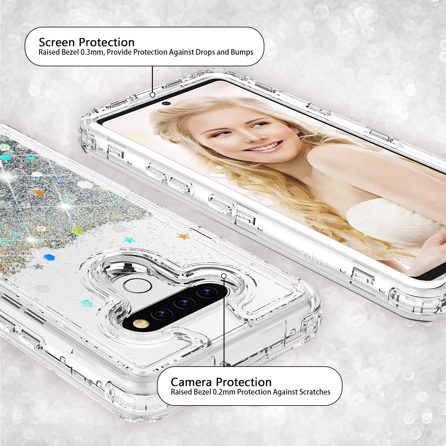 LG K51 Case,Hard Clear Glitter Sparkle Flowing Liquid Heavy Duty Shockproof Three Layer Protective Bling Girls Women Cases for LG K51 - Clear