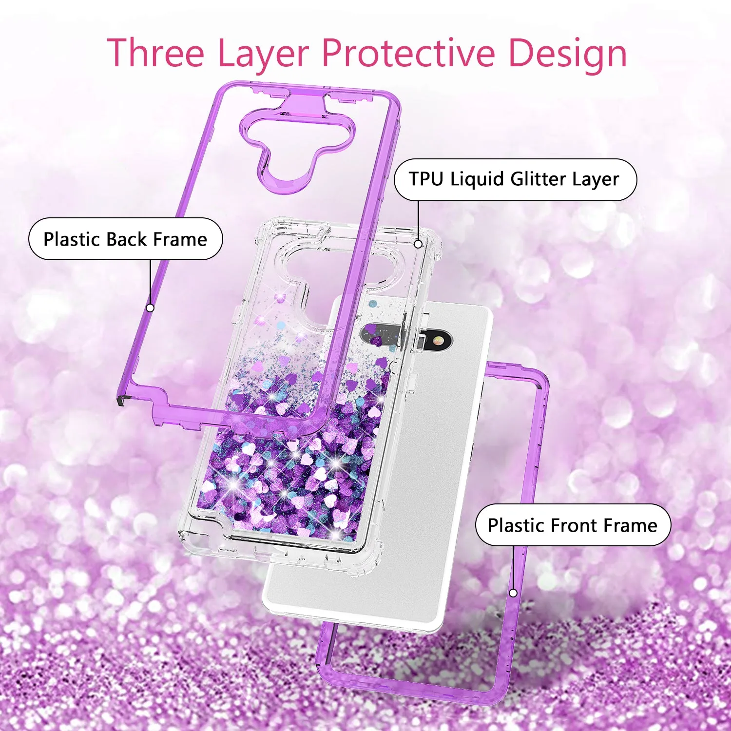 LG Stylo 6 Case,Hard Clear Glitter Sparkle Flowing Liquid Heavy Duty Shockproof Three Layer Protective Bling Girls Women Cases for LG Stylo 6 - Purple