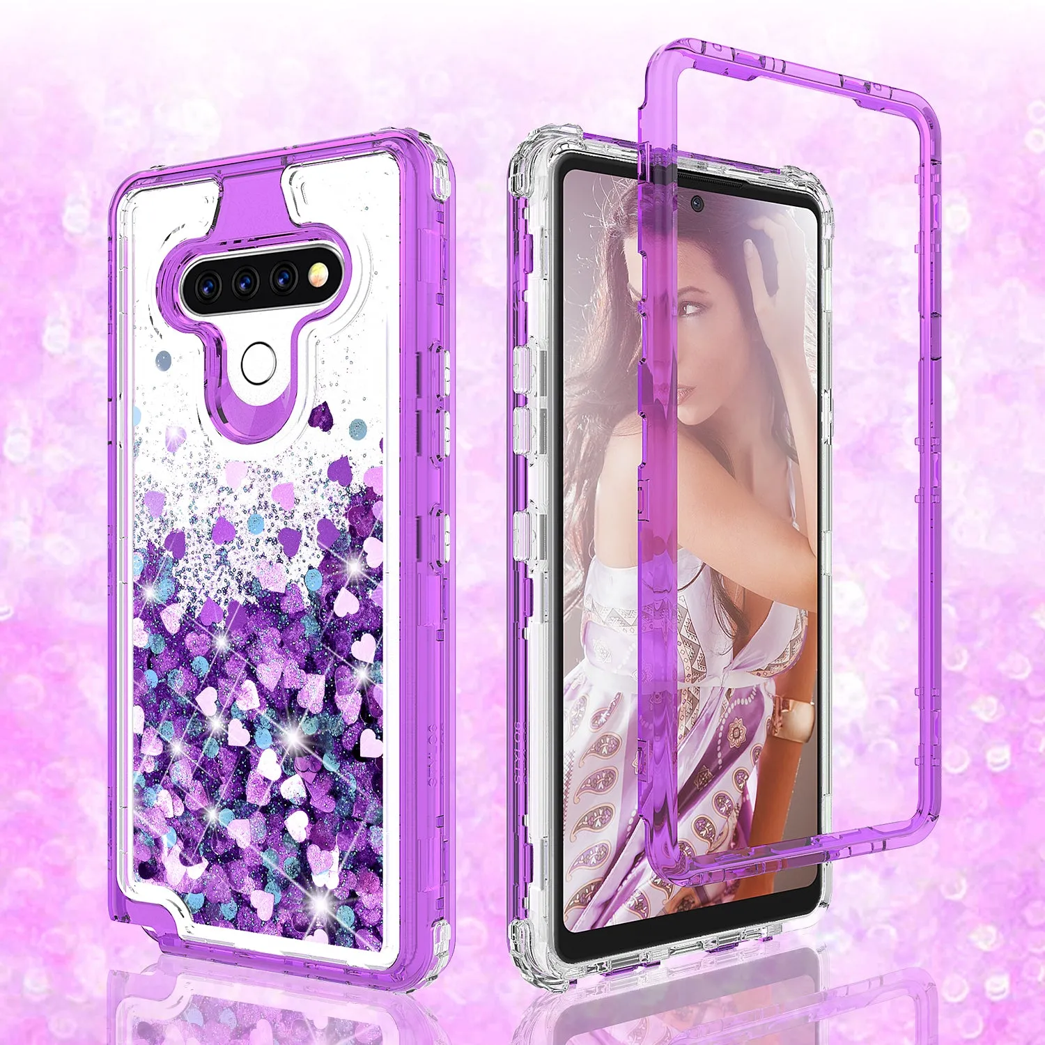 LG Stylo 6 Case,Hard Clear Glitter Sparkle Flowing Liquid Heavy Duty Shockproof Three Layer Protective Bling Girls Women Cases for LG Stylo 6 - Purple