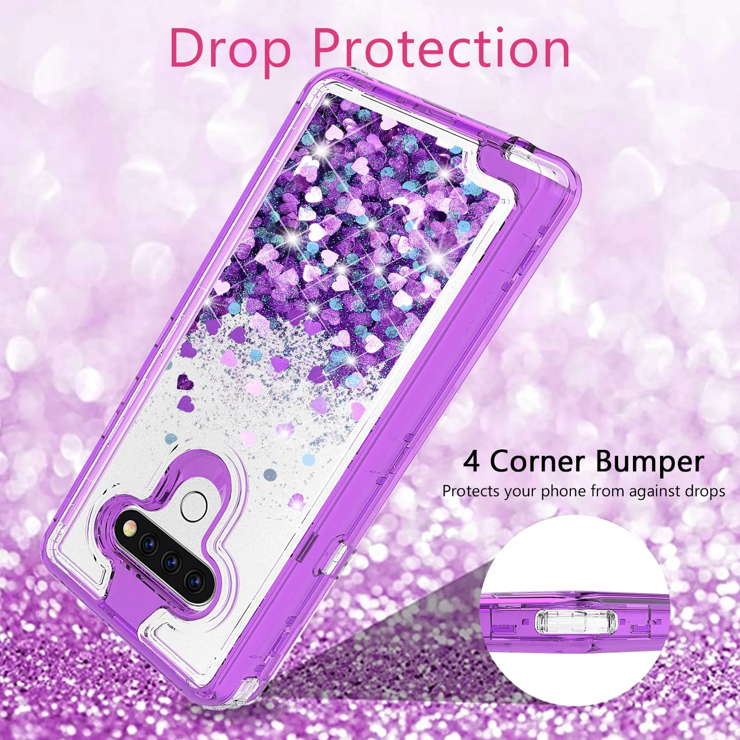 LG Stylo 6 Case,Hard Clear Glitter Sparkle Flowing Liquid Heavy Duty Shockproof Three Layer Protective Bling Girls Women Cases for LG Stylo 6 - Purple