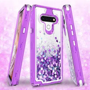 LG Stylo 6 Case,Hard Clear Glitter Sparkle Flowing Liquid Heavy Duty Shockproof Three Layer Protective Bling Girls Women Cases for LG Stylo 6 - Purple