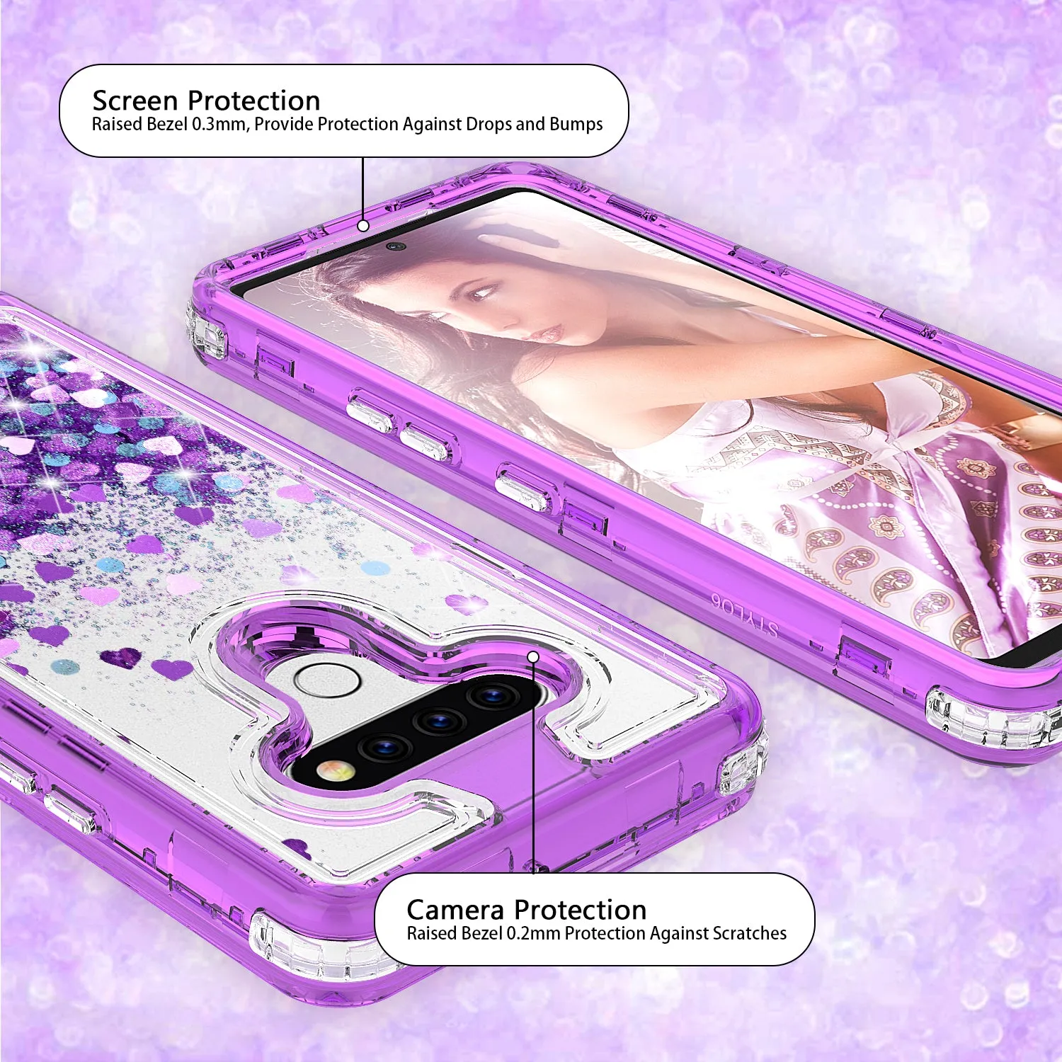 LG Stylo 6 Case,Hard Clear Glitter Sparkle Flowing Liquid Heavy Duty Shockproof Three Layer Protective Bling Girls Women Cases for LG Stylo 6 - Purple